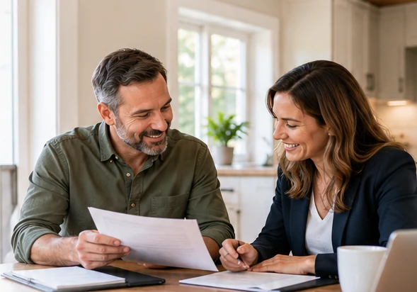 Two people discussing documents at a table in a welcoming residential setting