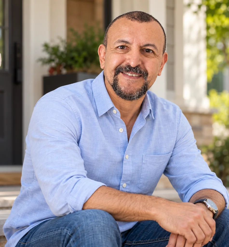 David McGlynn in a casual blue shirt and jeans, sitting outside a residential home